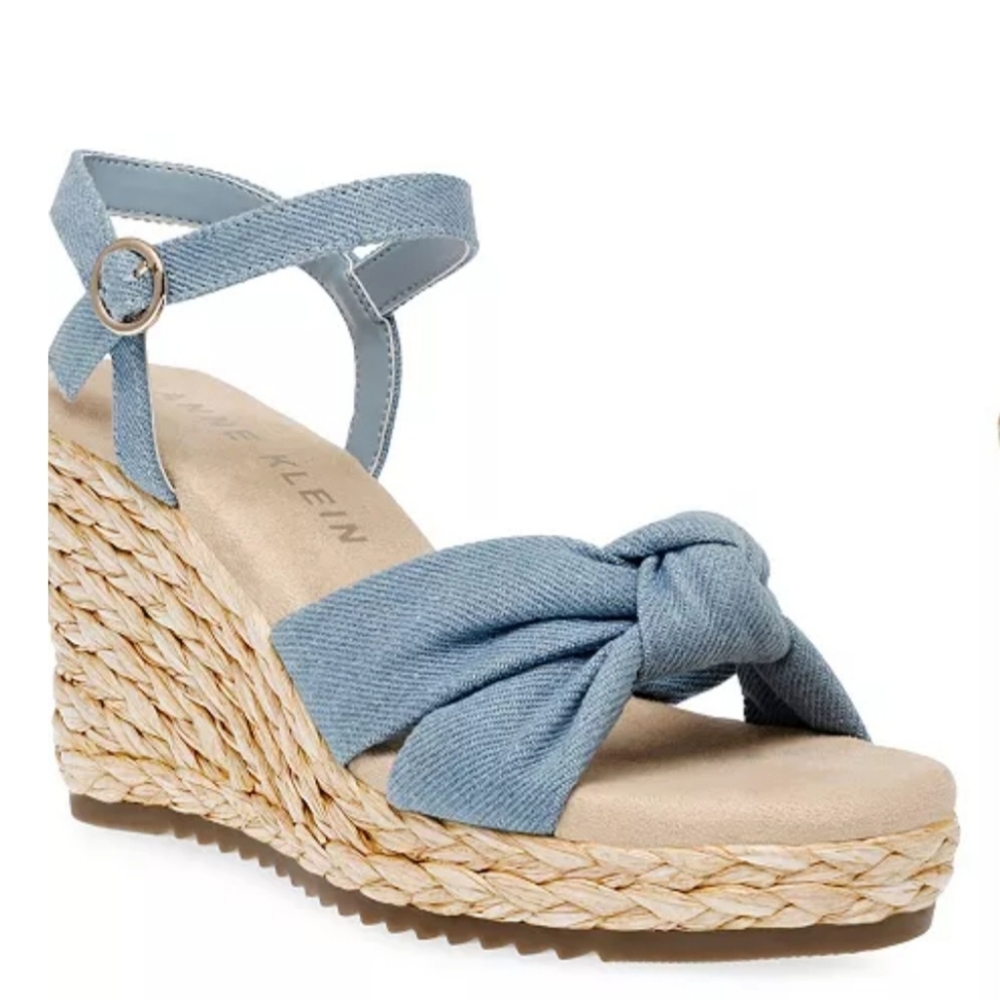 Anne Klein Wheatley Denim Ankle Strap Espadrille Wedge Sandals, NIB